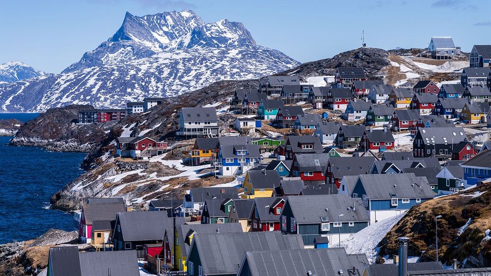 Colorful homes along coastline of Nuuk Greenland from the Myggedalen Panoramic View