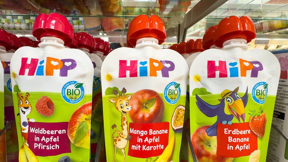 Villach, Austria - August 18, 2025: HiPP organic baby food pouch