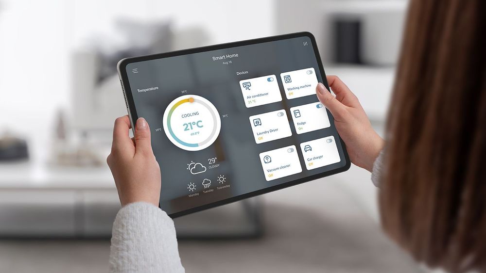 Modern smart home control displayed on tablet screen with connec