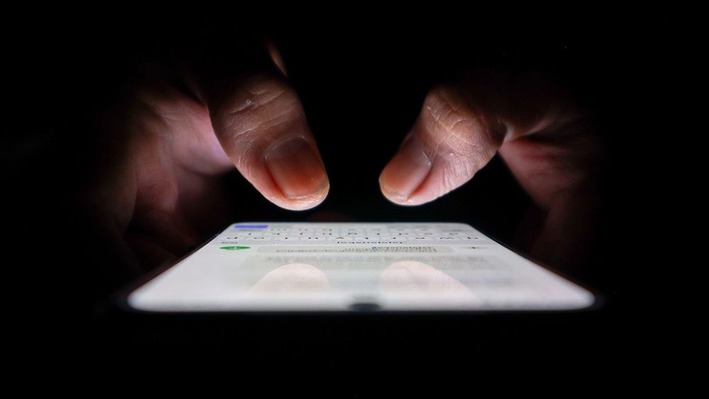Night, cybersecurity and hands typing with phone for texting, in