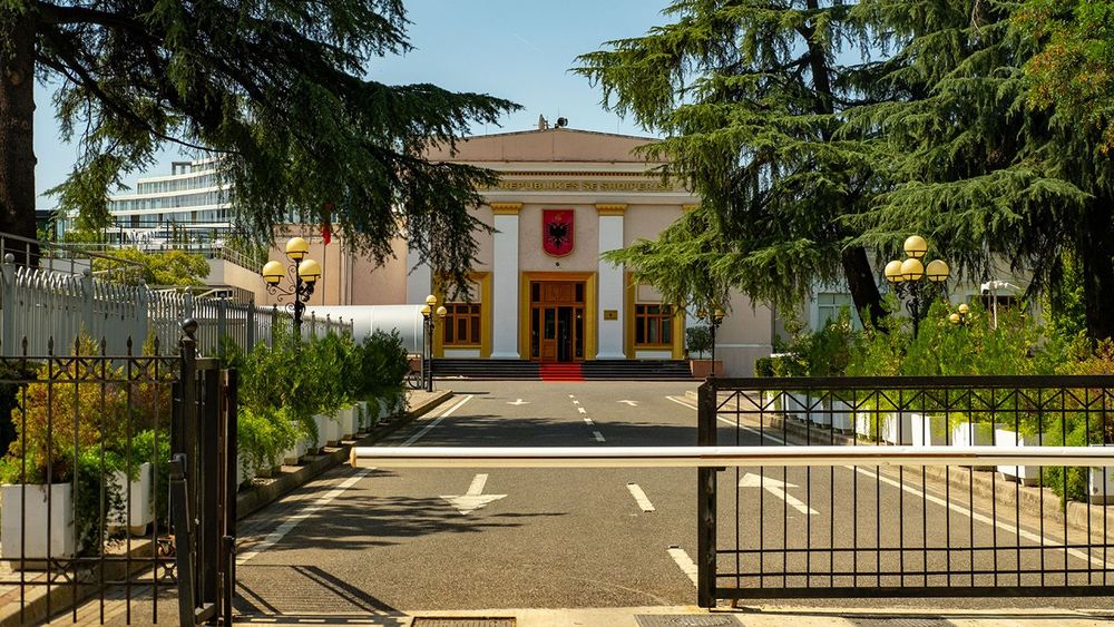 Albanian Parliament building in Tirana with classical architectu