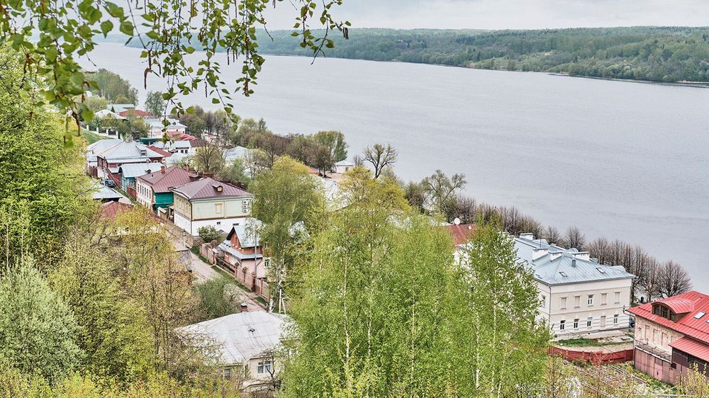 Panoramic high angle view of Plyos town and Volga River, Russia