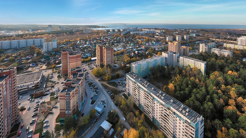 Aerial panorama from copter on Sovetsky district of town Novosib
