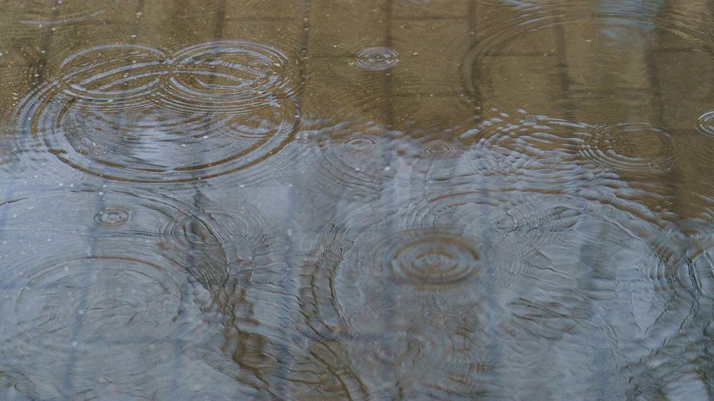 Rain in the spring Moscow. Puddles at the street. No people. Sad