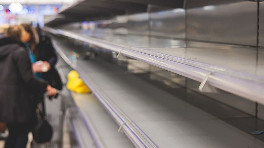 View of empty supermarket shelves, grocery store work stoppage closes, sanctions and embargo, panic buying with supplies and goods shortage, food crisis and deficit concept