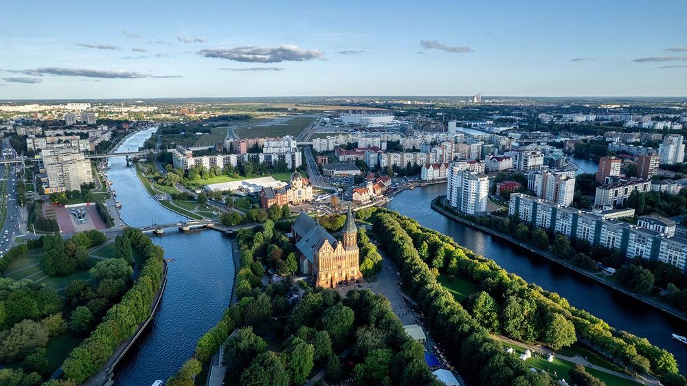 Kaliningrad city aerial view. Cathedral on Immanuel Kant Island, top view.