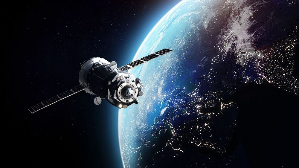 Cargo spaceship on orbit of the Earth planet. Dark space. Elemen