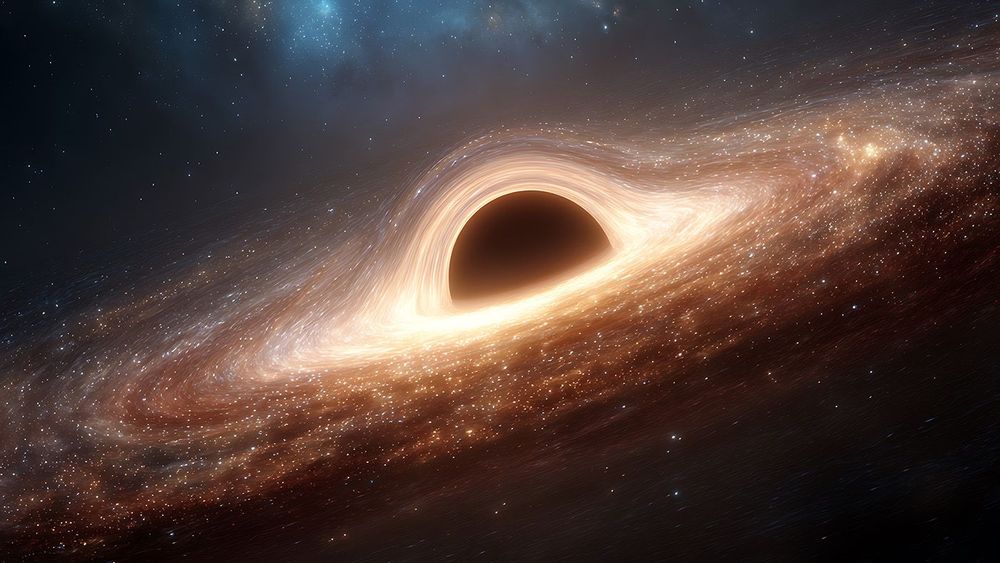 Swirling Black Hole Distorts Space Time With A Bright Ring Of Light Around Its Event Horizon Against A Galaxy Backdrop. Cosmic phenomenon, astrophysics, wallpaper background