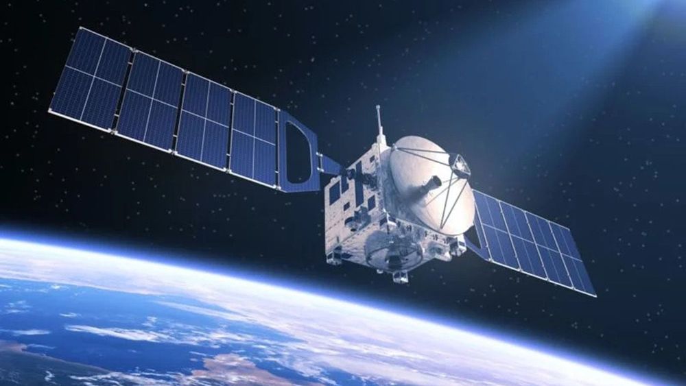 Satellite In The Rays Of Light. 3D Scene.