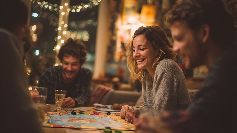 Friends laughing playing board game together indoor at night hav