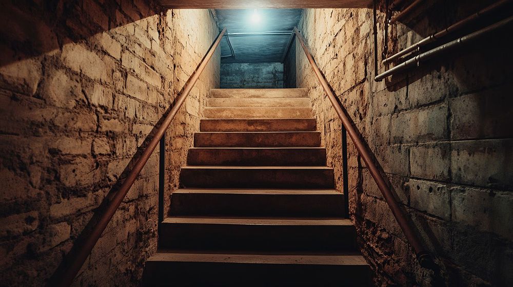 Stairs or staircase leading to dark basement room interior. Indo
