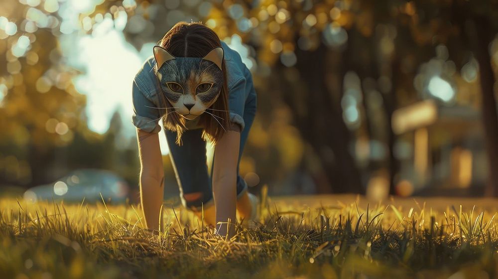 Teenage girl wearing costume of cat plays on grass, therian chil