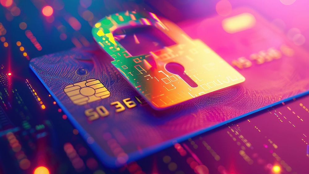 Digital lock is securing a credit card on a circuit board, representing online payment security and fraud prevention