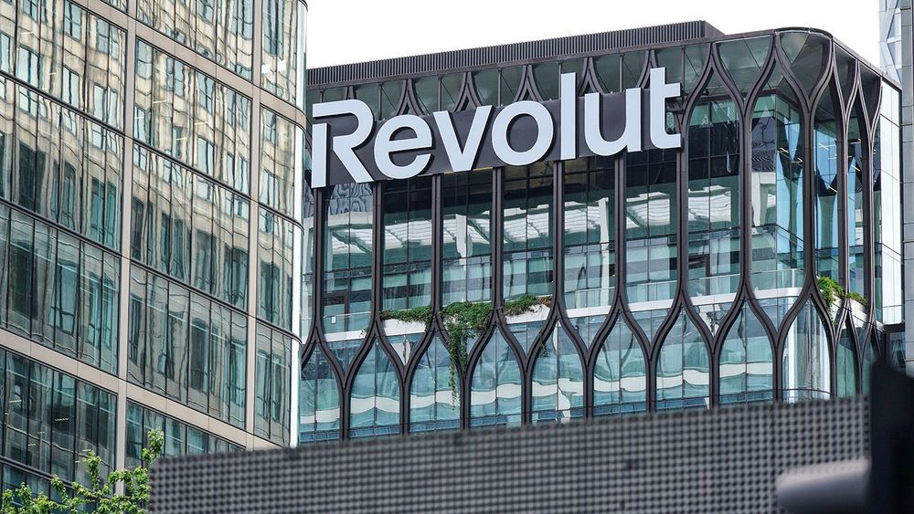 Revolut Bank Modern Tower Building Logo Sign, Corporate Skyscrap