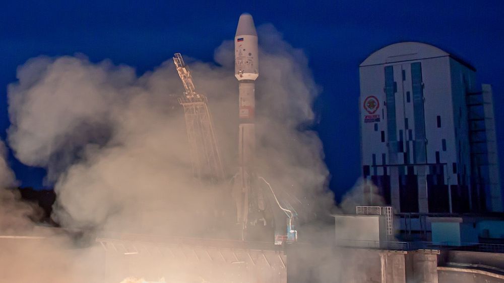 Soyuz 2.1b rocket booster carrying Meteor-M and 42 smaller satellites launches from Vostochny Cosmodrome