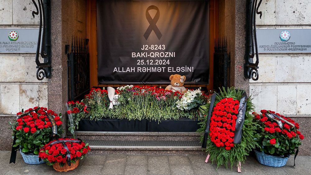 Makeshift memorial outside Embassy of Azerbaijan in Moscow