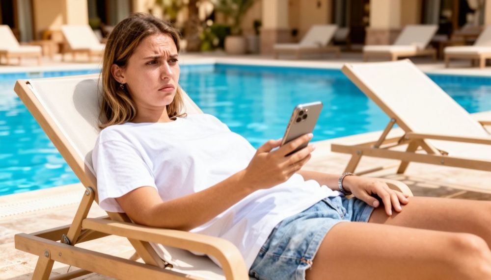 туристка девушка смартфон бассейн VPN интернет связь доступ